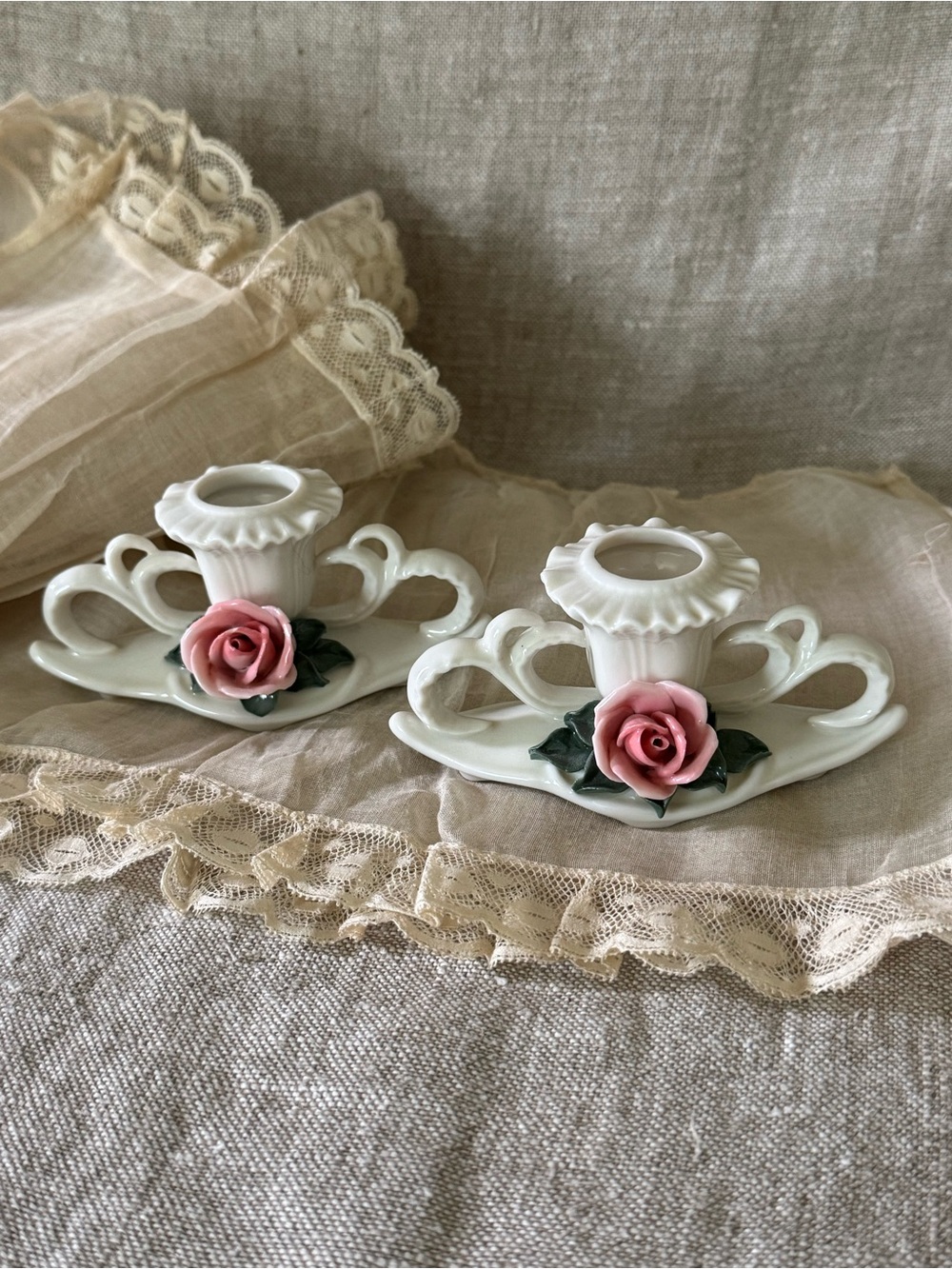 Karl Ens Germany vintage pink roses porcelain candleholders